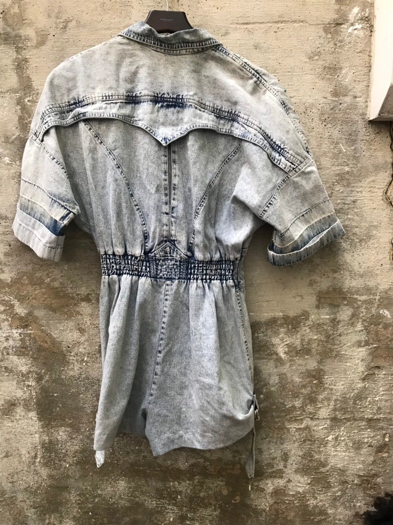 Denim 1980s one piece shorts jumpsuit vintage stressed denim thrashed size 56 80s studded onesie