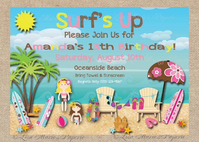 Surfer Girl Birthday Invitation Beach Birthday Party Etsy