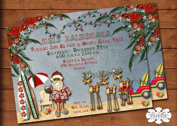 Hawaiian Christmas Party Invitation Santa Claus Party Etsy