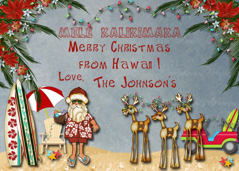 Hawaiian Christmas Card Santa Claus Christmas Card Beach Etsy