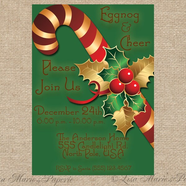 christmas party invitation, handmade digital invite, christmas candy cane invite, christmas invite - Digital File - DIY PRINTABLE