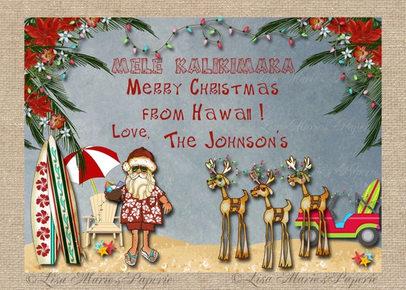 Hawaiian Christmas Card Santa Claus Christmas Card Beach Etsy