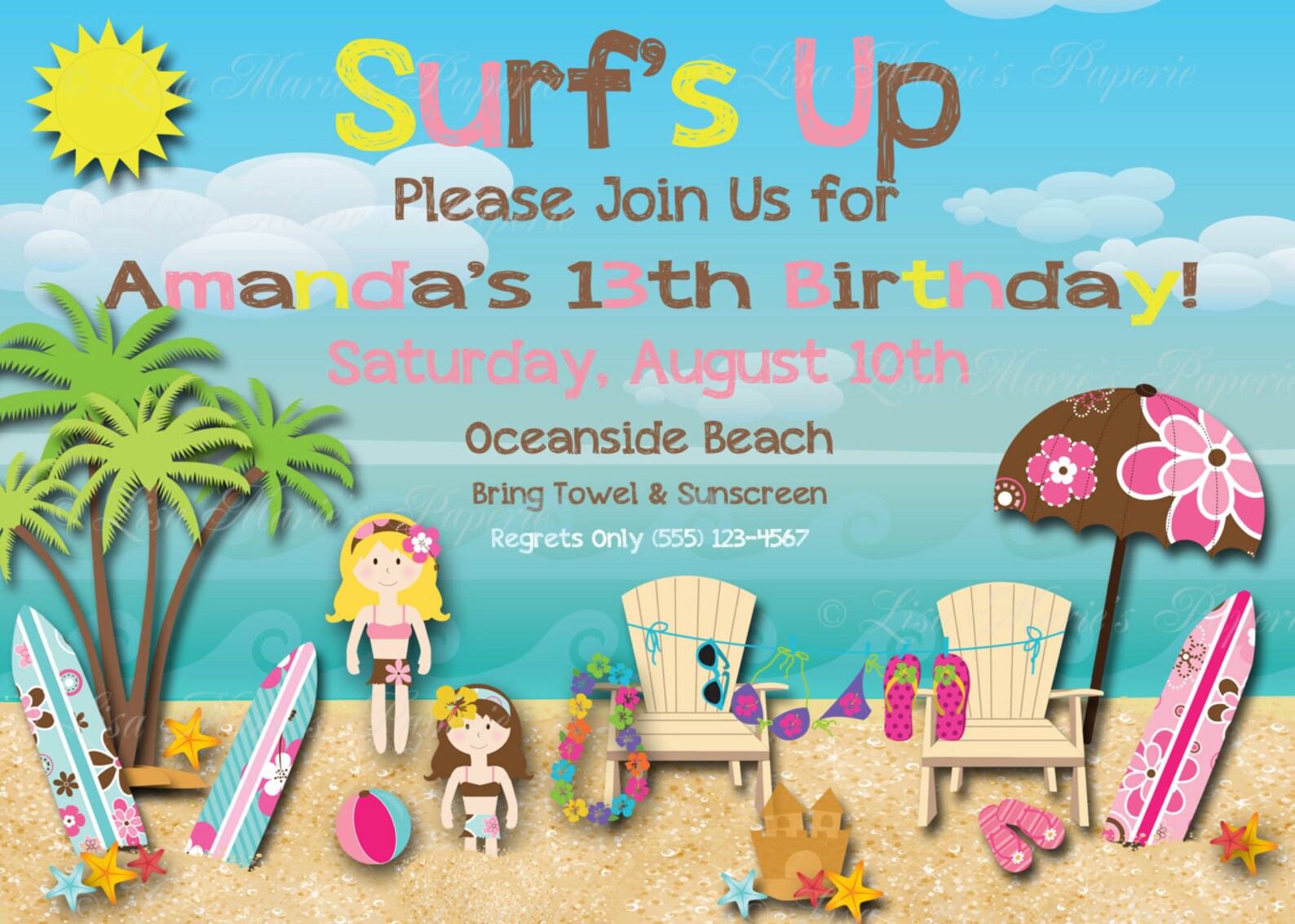 Surfer Girl Birthday Invitation Beach Birthday Party Etsy