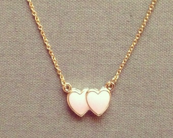 Double hearts baby pink enamel colored pendant gold filled necklace pretty, lovely, cute jewelry