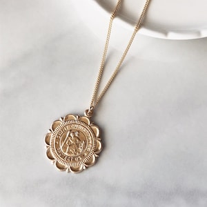 Gold Filled St Christopher Necklace / Gold Medallion Necklace / Sterling Coin Necklace / Saint Christopher Protect Us