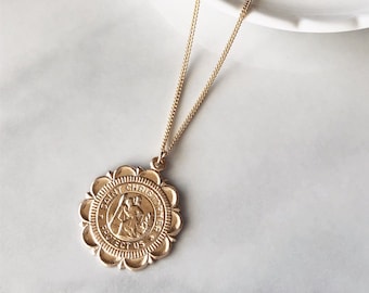 Collier St Christopher rempli d’or / Collier médaillon en or / Collier de pièces sterling / Saint Christopher Protégez-nous