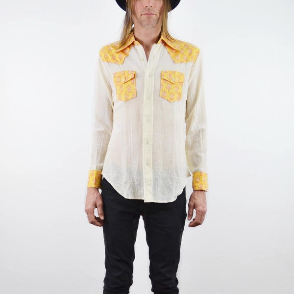 Indian Gauze Shirt | vintage 70s Indian western shirt 1970s DEADSTOCK Indian block print top Men's Hippie shirt Sheer cotton gauze top M