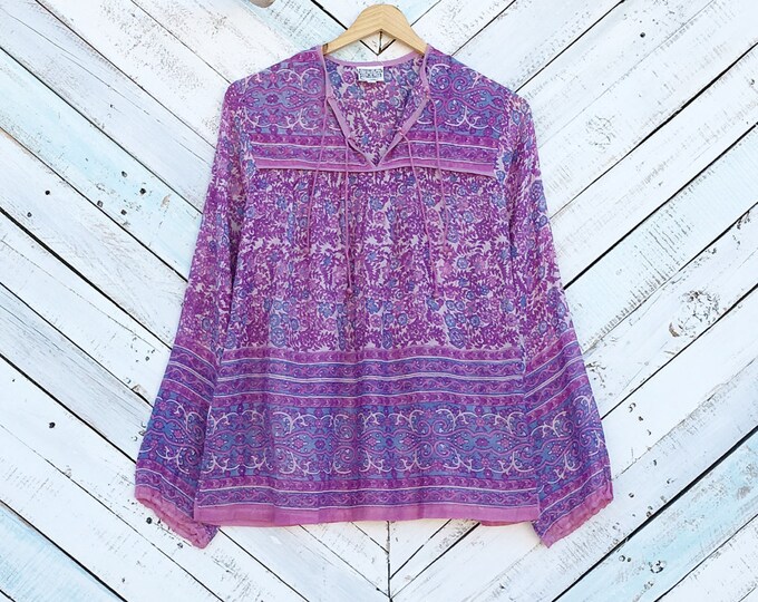 INDIAN Gauze Blouse 1970s Vintage Fuchsia Lavender Boho Top Hippie