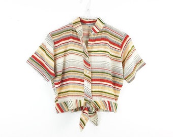 Chemise Pull Vintage Années 70 - Coton Indien Rayures Arc-en-ciel - Taille S Femme