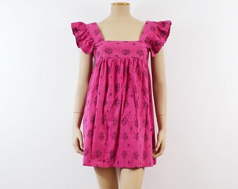 Hot Pink Babydoll Dress | 70s vintage Indian Block Print dress 1970s Deadstock India Boho Hippie dress Flutter sleeve mini Butterfly tunic