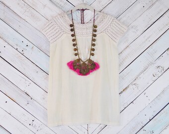 Jaren '70 vintage gehaakte top | Jaren 70 Deadstock India katoenen top | Boho gaastopje | Hippie shirt Indian Gauze top Sheer gauze Boho tuniek