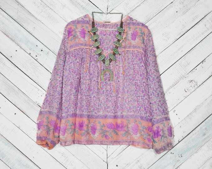 70s Indian Gauze Blouse Vintage Peach/lavender/teal Green Deadstock