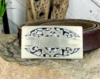 70s Abalone inlay Leather belt |  1970s vintage etched inlaid Silver buckle | Western belt Made in Mexico Southwestern belt- Size 44
