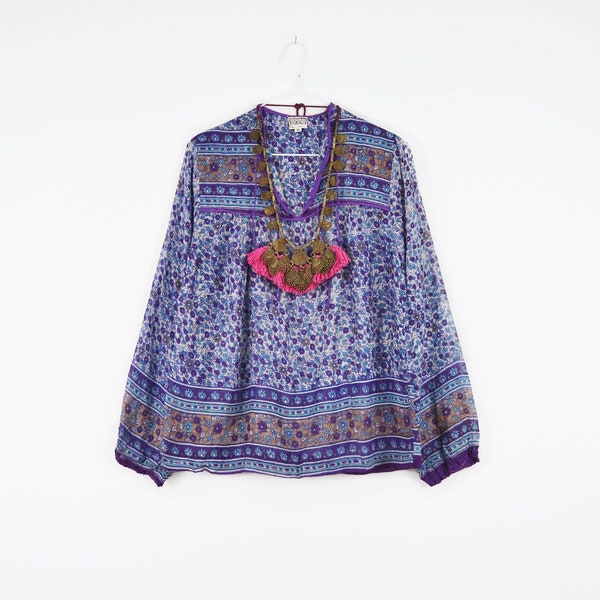 Harmony Indian Blouse | 70s vintage India Gauze shirt | 1970s Boho Hippie top | DEADSTOCK floral cotton Gypsy tunic | Bohemian Blouse M