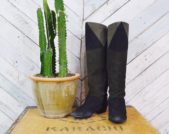 80s vtg YSL boots | Yves Saint Laurent boots | 1980s vintage YSL suede boots Color block tall Leather boots Designer boots