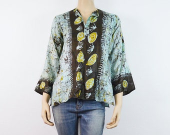 DEADSTOCK 60s vtg Indian Silk Shirt | 70s vintage India pullover silk top 70s Batik HIPPIE tunic pure Silk blouse Small