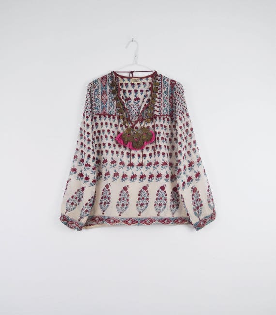 Sheer Indian Gauze Blouse | 70s Deadstock India cotton top | 1970s vintage Boho top hippie gypsy shirt | Festival tunic | Bohemian Blouse