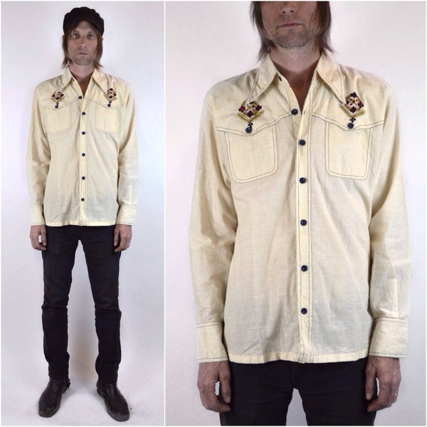 70s vintage DEADSTOCK men's WESTERN embroidery 1970s vtg HIPPIE tunic Indian cotton shirt Button down Contrast stitch India Folk top