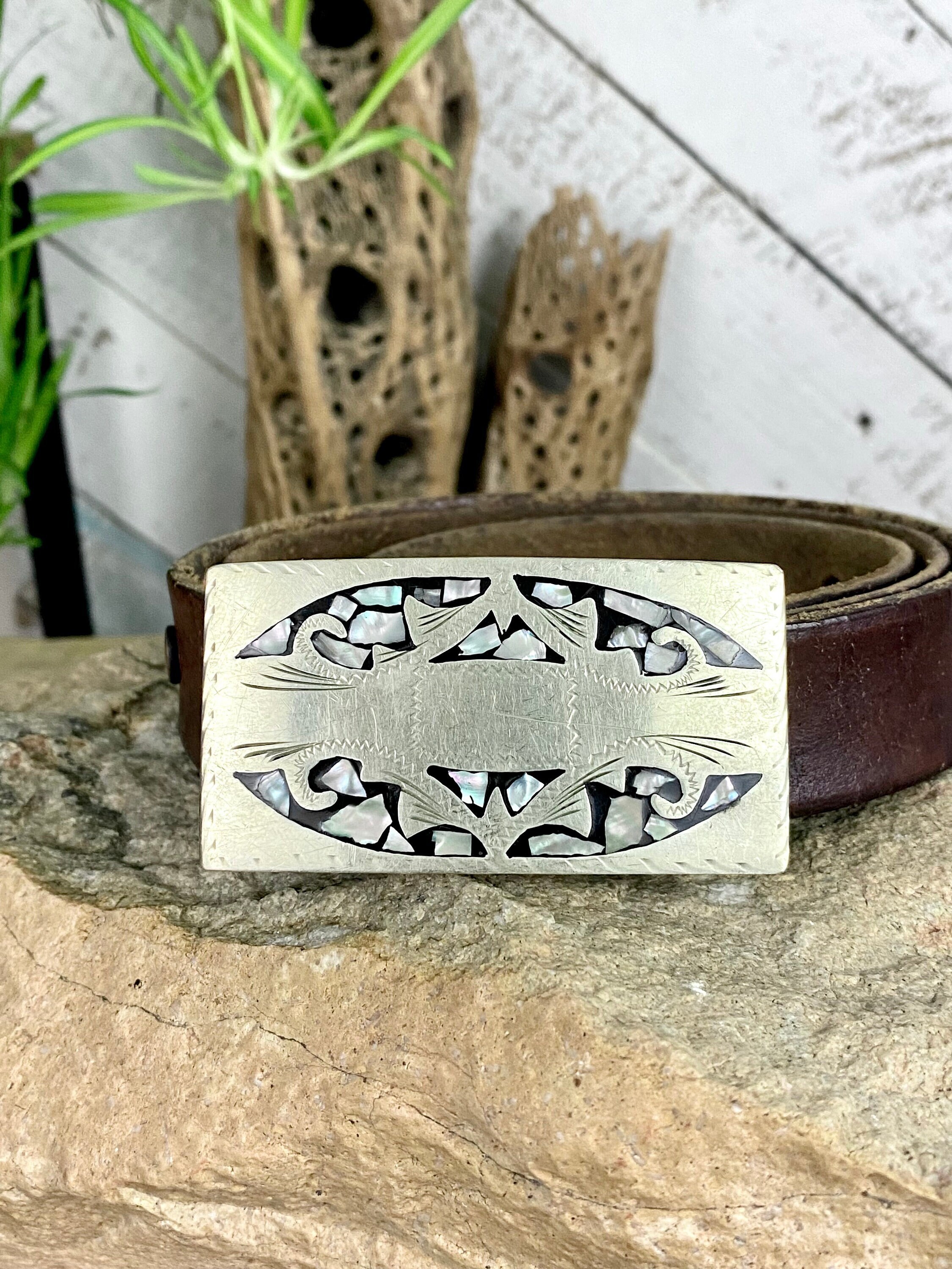 70s Abalone Inlay Leather Belt | 1970s Vintage Etched Inlaid  display picture 1