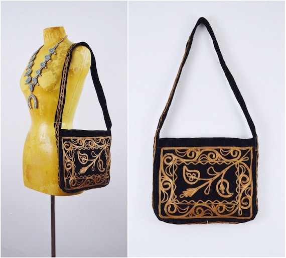 Black Velvet Indian Bag | 70s Vintage Velvet Purse 1970s DEADSTOCK 