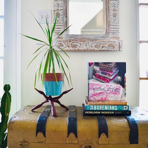 Może przedstawiać: Scena wnętrza z kufrem, rośliną doniczkową na drewnianym stojaku i książkami, w tym "global style". Rzeźbione lustro wisi nad kufrem. Kaktus jest po lewej stronie. Scena przywodzi na myśl estetykę bohemy.