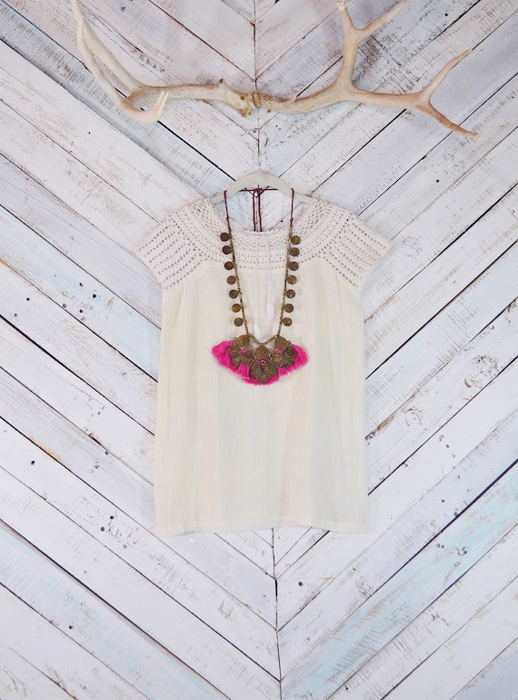 70s vintage Crochet Top | 1970s Deadstock India cotton top | Boho gauze top | Hippie shirt Indian Gauze top Sheer gauze Bohemian tunic