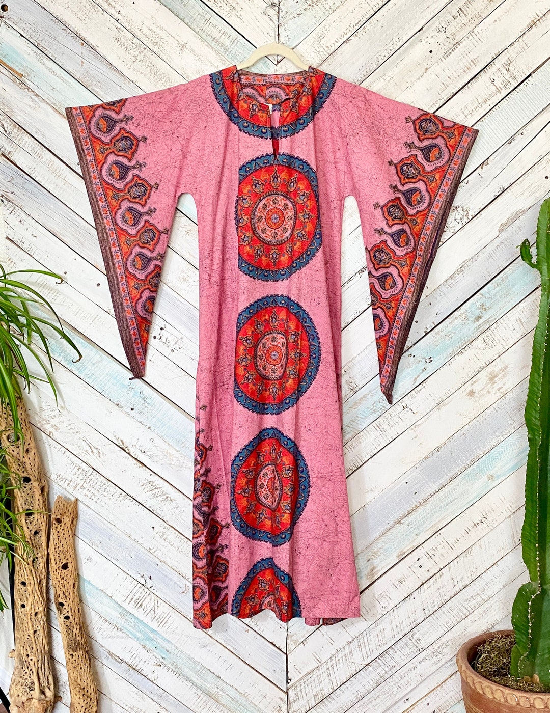 Pink 1970s Vintage Dashiki Maxi Dress Authentic Deadstock India Caftan ...