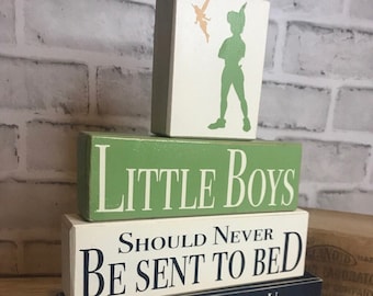 Neverland Never Send Boys To Bed 4 Piece Wood Block Set With Topper Options | Peter Pan Nursery | Peter Pan Baby Nursery | Baby Shower Gift
