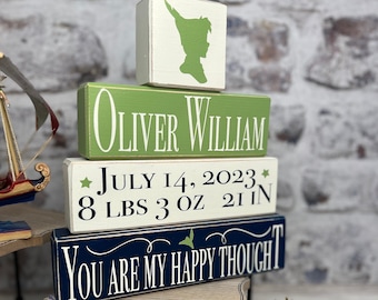 You Are My Happy Thought 4 Piece Wood Block Set With Topper Options | Peter Pan Nursery | Peter Pan Baby Nursery | Baby Shower Gift