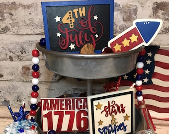 Patriotic 4th of July Tiered Tray Decor - 3D Mini Wood Signs | 4th of July | Patriotic Mini Sign