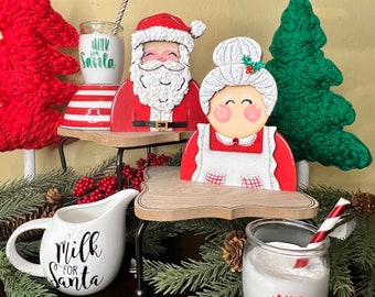Santa Claus Mrs Claus Tiered Tray Sitters | Milk for Santa Pitcher | Milk for Santa Glass Milk | Faux Food | Tiered Tray Decor | Santa Tray