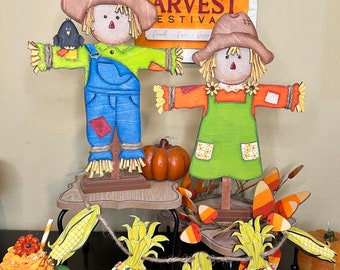 Scarecrow Tiered Tray Decor - 3D Mini Wood Signs | Lady Scarecrow | Corn Garland | Tiered Tray Mini Signs - Please Note Sizes In Description
