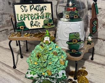 St Patrick's Day Tiered Tray Glass Jar Filler Leprechaun Hat Pieces Faux Pot of Gold