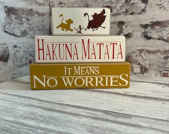 Hakuna Matata Means No Worries 3 Piece Wood Block Set With Name Block Option | Lion King Nursery | Lion King Baby Nursery | Baby Shower Gift