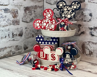 Patriotic Mickey 4th of July Tiered Tray Decor - 3D Mini Wood Signs | 4th of July | Patriotic Mini Sign -- Please Note Sizes In Description