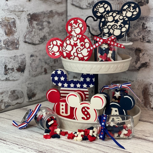 Patriotic Mickey 4th of July Tiered Tray Decor - 3D Mini Wood Signs | 4th of July | Patriotic Mini Sign -- Please Note Sizes In Description