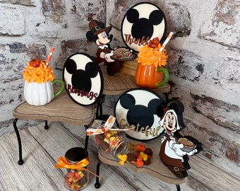 Mickey Thanksgiving Tiered Tray Decor: 3D Mini Wood Signs