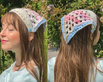 Electra Kerchief Crochet Pattern - Kawaii Bandana, Lolita Headband, Cottagecore Hair Scarf, Tied Head Wrap