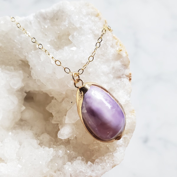 24kt Gold Dipped Purple Cowry Shell Fragment Sunrise Pendant Necklace Hawaiian Diver Shell Seaglass Jewelry