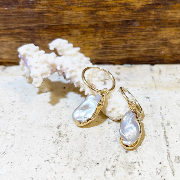 Gold Dipped Keshi Pearl Hoop Earrings Natural Pearl Tahitian Hawaii Pearl Jewelry