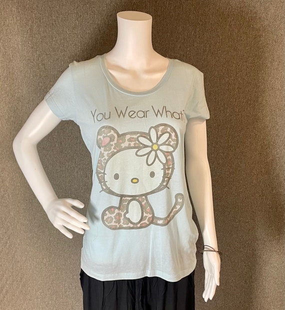 RARE Hello Kitty Ladies Med/Lg Tee T-Shirt Anti Fur Message ‘You Wear What?’ Cute Leopard Cheetah Print Costume Kitty with Flower