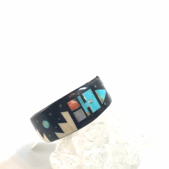 Merle House Navajo Inlay Ring Sterling Silver with Turquoise, Onyx, Coral, Mother of Pearl - Size 4