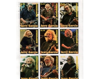 Conjunto de sellos postales de Jerry García Monerrat 1999 Edición limitada con artículo de coleccionista COA Recuerdos oficiales de Grateful Dead