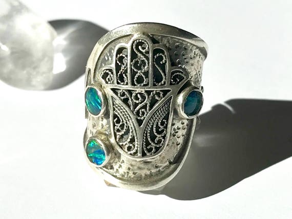 Hamsa Ring One of a Kind Sterling Silver with Opal