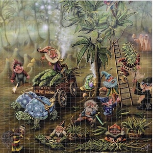 May include: A whimsical illustration featuring gnomes harvesting cannabis plants. Gnomes are depicted with long beards, hats, and pipes, working around large cannabis plants. The text "100% Gnome Grown" is visible on a cart. The artwork has a fantasy theme.