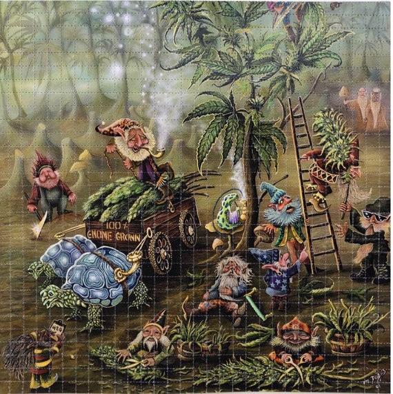 Blotter Art “Gnome Grone” signed by Grateful Dead artist Mike Dubois. LSD, 1960s, Psychedelic Hippie Culture Original Art Trippy