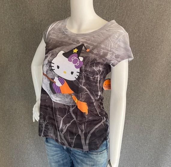 RARE Hello Kitty Halloween Witch Costume Tee Shirt Full Graphic Print Trees and Moon Cute New with Tags Youth/Juniors Medium