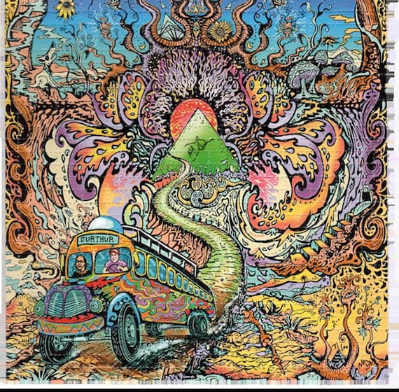Blotter Art “Psychedelic Furthur Prankster Bus with Leary and Kesey” signed by Grateful Dead artist Mike Dubois. LSD, 1960s