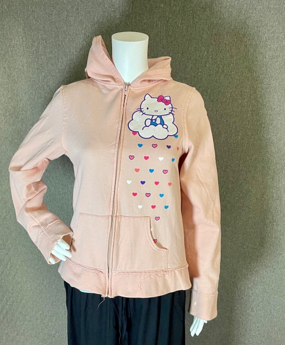 RARE Hello Kitty Ladies Baby Pink XL Zip Up Hoodie Sweatshirt Sprinkle Me With Love Rocking Horse Clouds Hearts