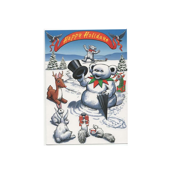Vintage Grateful Dead Greeting Card Dancing Bear Snowman with Woodland Critters Winter Christmas Xmas Officially Licensed 2 pk